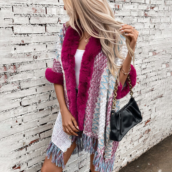 Women's Striped Knitted Tassel Cloak Loose Ethnic Style - Image 4