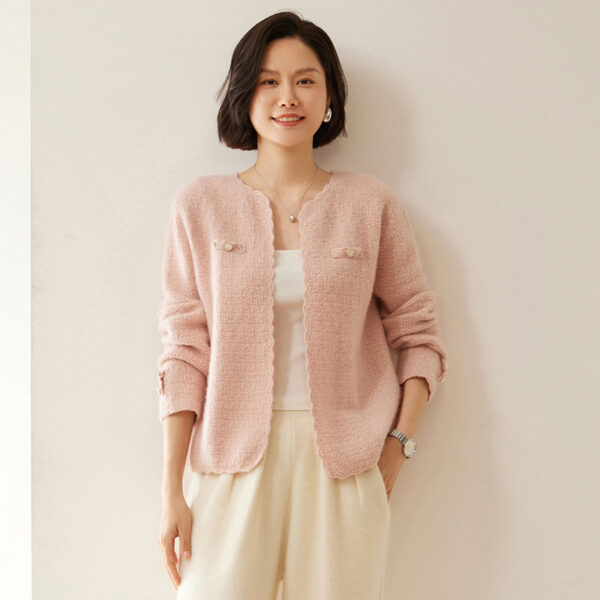 Women's Cashmere Cardigan Chanel Coat Loose Knitted Outerwear Round Neck Long Sleeve - Image 6