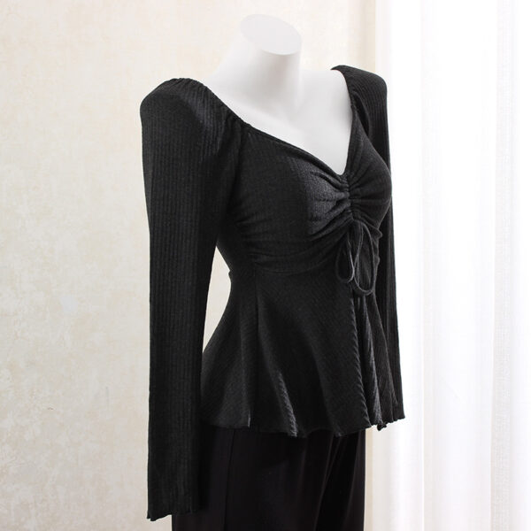 Chinese Gentle Knitted Drawstring V-neck Bottoming Shirt T-shirt Shoulder Slimming Slim Top - Image 3