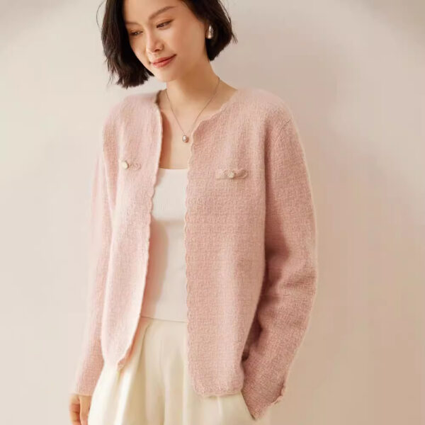 Women's Cashmere Cardigan Chanel Coat Loose Knitted Outerwear Round Neck Long Sleeve - Image 3