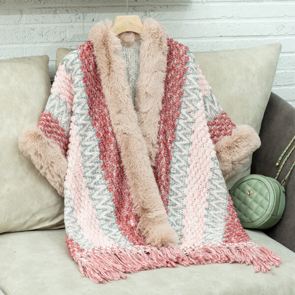 Women's Striped Knitted Tassel Cloak Loose Ethnic Style - Image 6