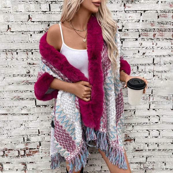 Women's Striped Knitted Tassel Cloak Loose Ethnic Style - Image 3