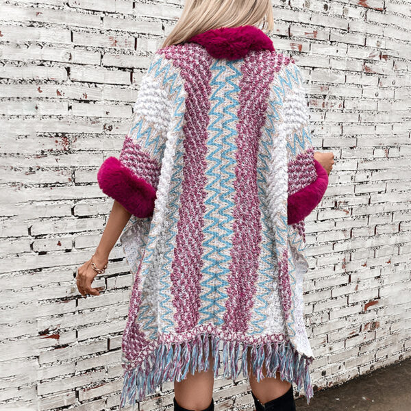 Women's Striped Knitted Tassel Cloak Loose Ethnic Style - Image 2