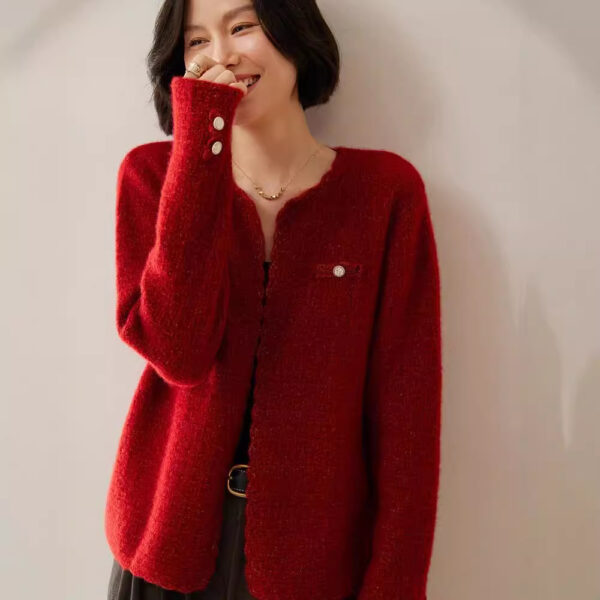 Women's Cashmere Cardigan Chanel Coat Loose Knitted Outerwear Round Neck Long Sleeve - Image 2