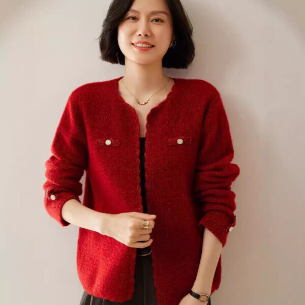 Women's Cashmere Cardigan Chanel Coat Loose Knitted Outerwear Round Neck Long Sleeve - Image 4