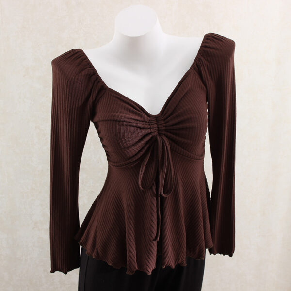 Chinese Gentle Knitted Drawstring V-neck Bottoming Shirt T-shirt Shoulder Slimming Slim Top - Image 2