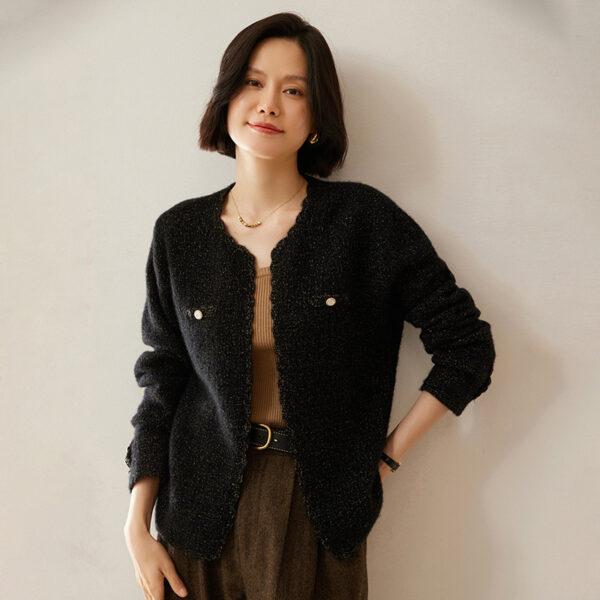 Women's Cashmere Cardigan Chanel Coat Loose Knitted Outerwear Round Neck Long Sleeve - Image 8