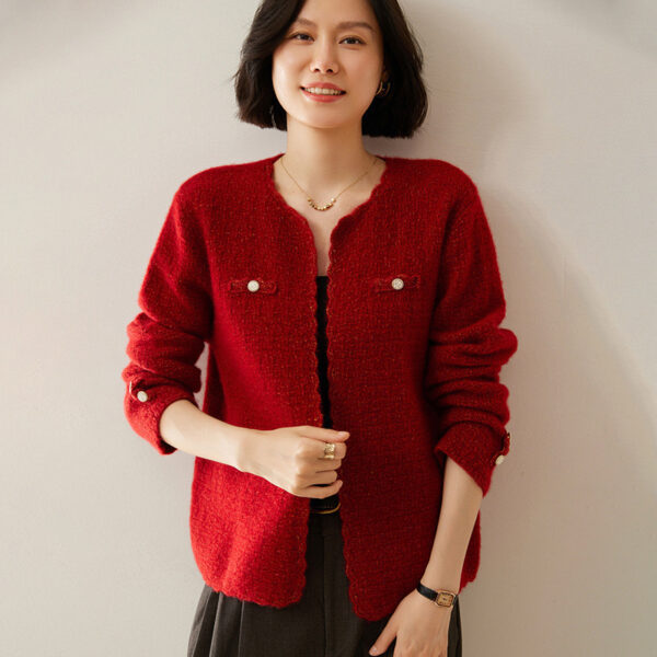 Women's Cashmere Cardigan Chanel Coat Loose Knitted Outerwear Round Neck Long Sleeve - Image 7