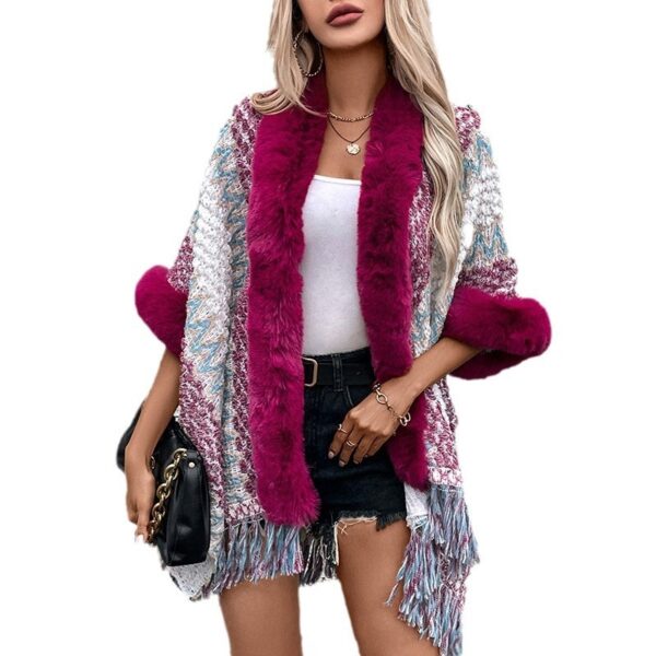 Women's Striped Knitted Tassel Cloak Loose Ethnic Style - Image 5